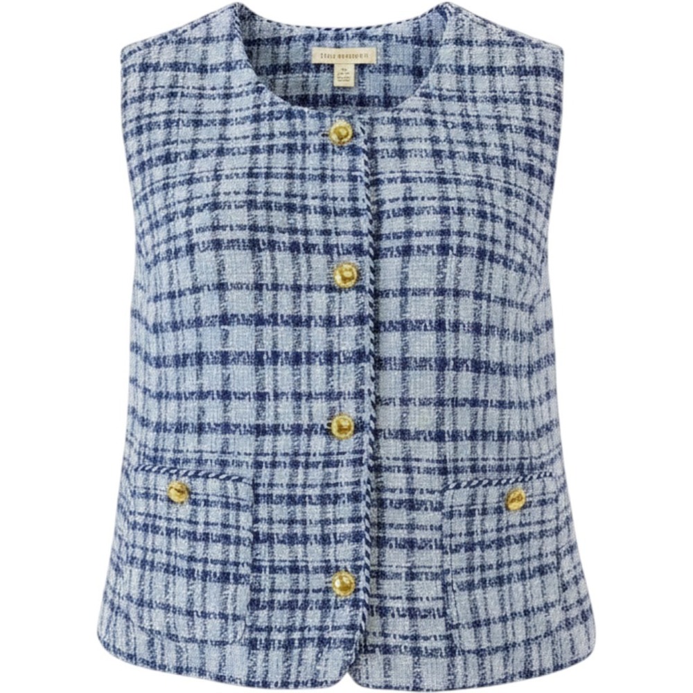 Women's Blue Tweed Plaid Sleeveless Vest Gold Button Textured Bouclé Pockets XL